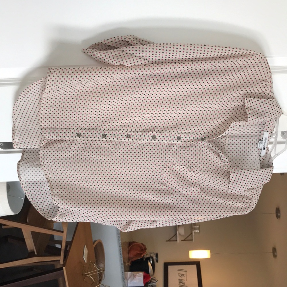 Stylish fuchsia + navy polka dot blouse